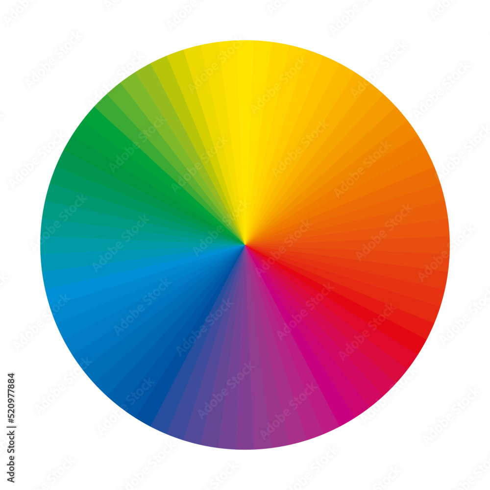 Poster color wheel with an extended spectrum of complementary color segments. circle with 72 rainbow colore