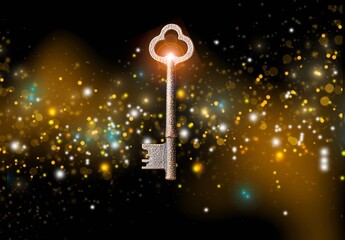 Golden key with glowing lights and dark background, wisdom, wealth concept
