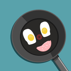 fried eggs and sausage on frying pan, smiling face, decor pattern cartoon 