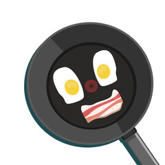 fried eggs and bacon on frying pan, smiling face, decor pattern cartoon 