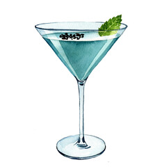 watercolor drawing glass with grasshopper cocktail at white background,hand drawn illustration