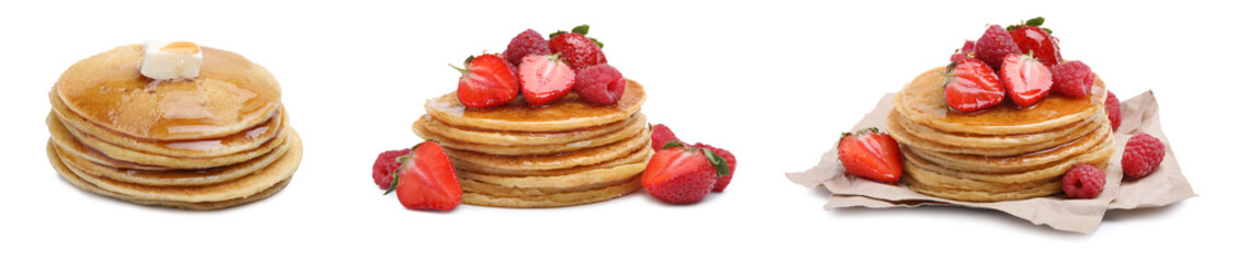 Set of tasty pancakes with fresh berries, butter and honey on white background. Banner design
