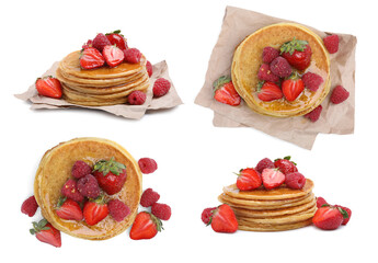 Set of tasty pancakes with fresh berries and honey on white background