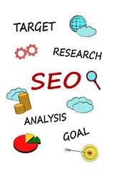 Search engine optimization (SEO) concept. Different words and drawings on white background, illustration