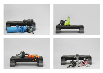 Collage with photos of step platforms and sports equipment on light grey background