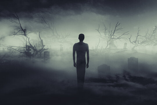 ghost in the fog, scary halloween landscape