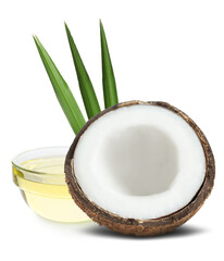 Bowl of coconut cooking oil and fruit on white background