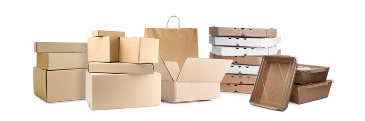 Set with different cardboard boxes and paper bag on white background. Banner design