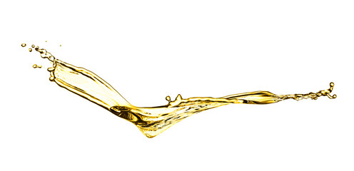Splash of golden oily liquid on white background