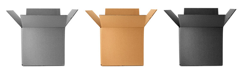 Set of open cardboard boxes on white background. Banner design