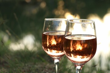 Glasses of tasty rose wine on blurred background, closeup and space for text. Picnic season