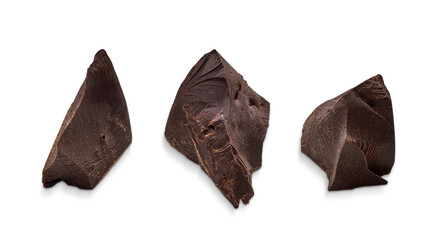 Cracked chocolates / broken chocolate chips or chocolate parts from top view on isolated white background	
