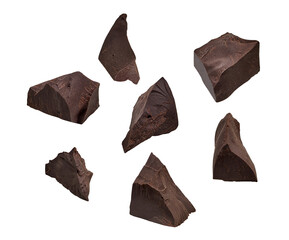 Cracked chocolates / broken chocolate chips or chocolate parts from top view on isolated white...
