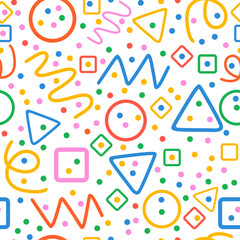 Colorful seamless pattern. Circles, triangles, serpentine, dots, squares, rhombus and zigzag. Fun colorful line doodle shape background. 