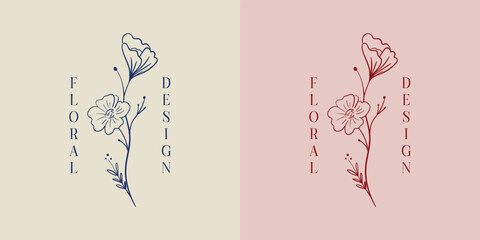 Botanical Floral element Hand Drawn Logo with Wild Flower and Leaves. Logo for spa and beauty salon, boutique, organic shop, wedding, floral designer, interior, photography, cosmetic.