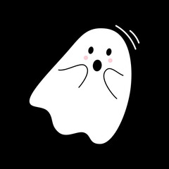 Vector with cute surprised ghost. Flying spirit in flat design. White phantom on black background. Doodle ghost. Halloween.