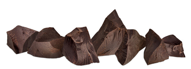 Cracked chocolates / broken chocolate chips or chocolate parts from top view on isolated white background	
