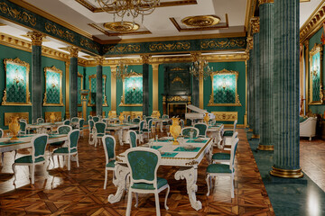 Fototapeta na wymiar The ballroom and restaurant in classic style. 3D render.