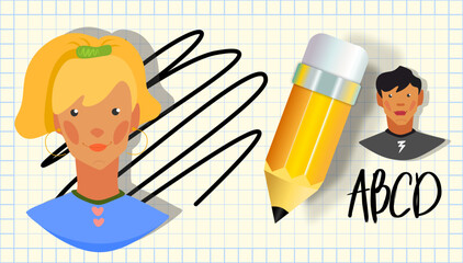 A sheet of notebook in a cage. Pencil, numbers and strokes on the background. Schoolchildren, a boy and a girl. Students of the school and university. Online education. Art School
