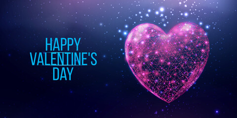 Happy Valentine's day banner. Wireframe heart in low poly style.   Abstract modern 3d vector illustration on dark blue background.