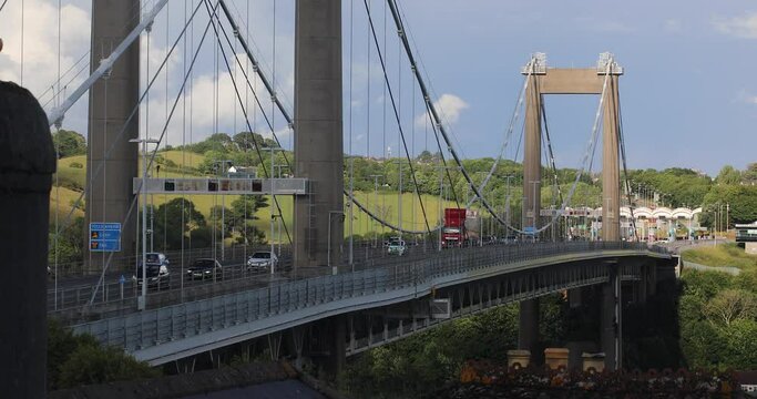 The Tamar Bridge over the River Tamar with Flowing Traffic on a Sunny Day Between Devon and Cornwall.