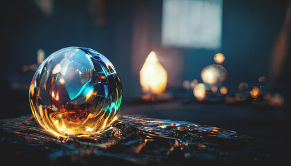 Magic glass ball. Neon light, neon. Fantasy ball, predictions of the future, divination. - obrazy, fototapety, plakaty