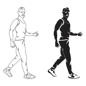 Young boy jogging line art drawing style, the boy sketch black linear isolated on white background, the best jogging vector illustration.