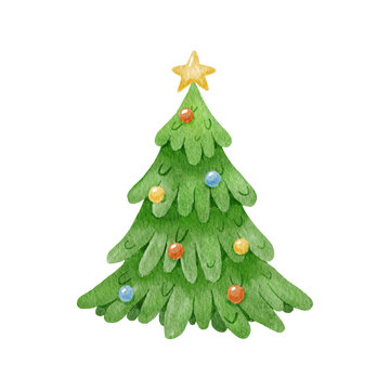 Watercolor abstract cute fir tree with balls, winter Christmas tree hand drawn illustration isolated on white background