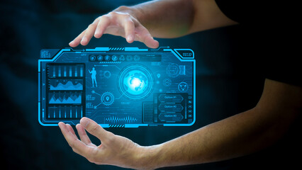Businessman holding a virtual interface panel of global network data distribution and analysis, intelligent system, innovative future, future world on copy space.