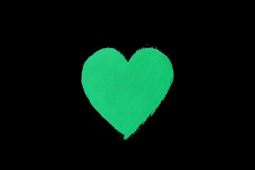 Green watercolor brush look like an heart on black background,Heart concept,Green fluorescent	