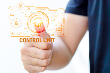 Businessman using fingerprints to access personal financial information ideas for e-KYC, biosecurity concept, innovative technology against digital cybercrime.