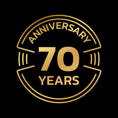 70th Anniversary golden logo or icon. 70 years round stamp design. Birthday celebrating, jubilee circle badge or label template. Vector illustration.