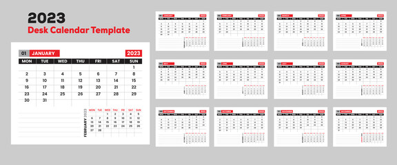 Monthly calendar template for 2023 year.