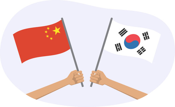 South Korea and China flags. Chinese and Korean national symbols. Hand holding waving flag. Vector illustration.