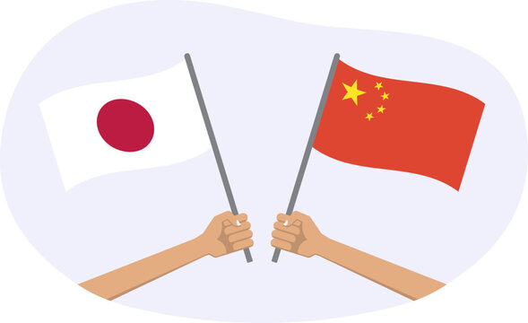 Japan and China flags. Chinese and Japanese national symbols. Hand holding waving flag. Vector illustration.