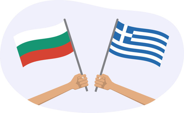Greece and Bulgaria flags. Bulgarian and Greek national symbols. Hand holding waving flag. Vector illustration.