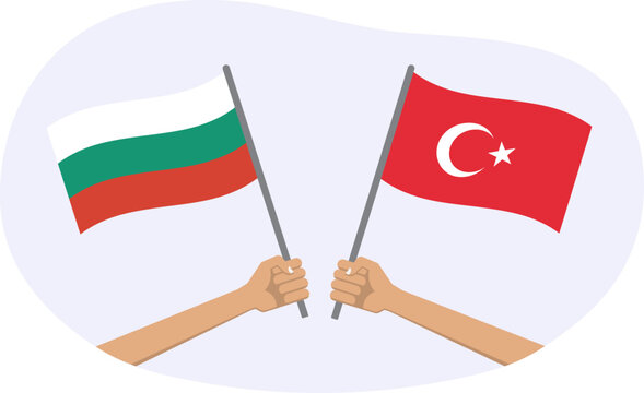 Turkey and Bulgaria flags. Bulgarian and Turkish national symbols. Hand holding waving flag. Vector illustration.