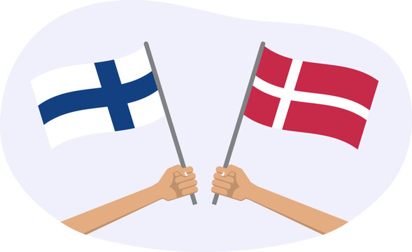 Finland and Denmark flags. Danish and Finnish national symbols. Hand holding waving flag. Vector illustration.