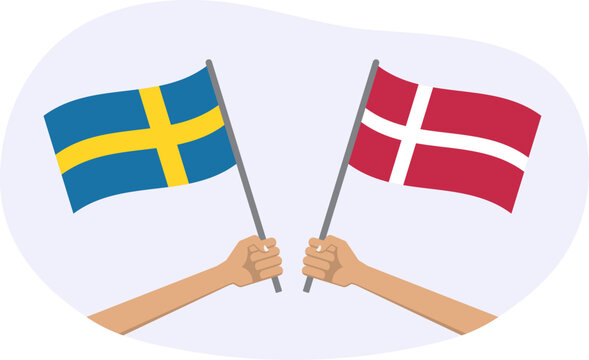 Sweden and Denmark flags. Danish and Swedish national symbols. Hand holding waving flag. Vector illustration.