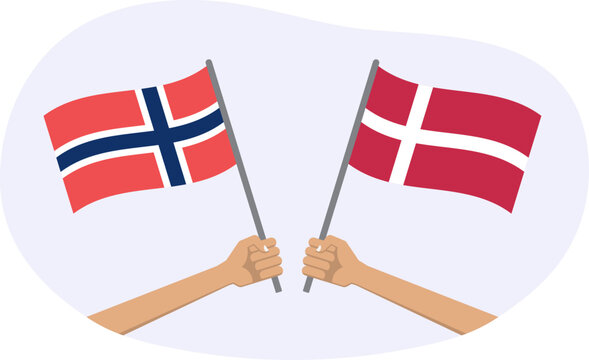 Norway and Denmark flags. Norwegian and Danish national symbols. Hand holding waving flag. Vector illustration.