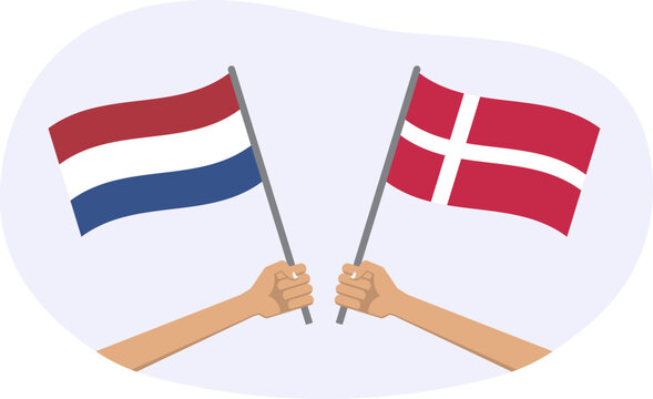 The Netherlands and Denmark flags. Dutch and Danish national symbols. Hand holding waving flag. Vector illustration.