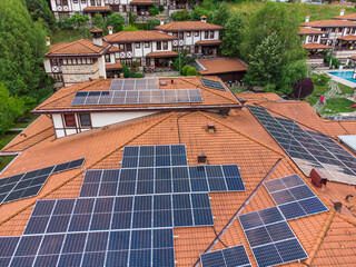 Luxury hotel With Solar Panels on the roof, aerial view
