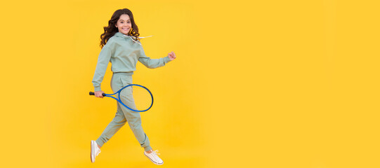 healthy and active lifestyle. sport success. happy childhood. kid jump with racket. Horizontal poster of isolated child face, banner header, copy space.