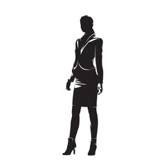Business woman standing in ladies jacket, abstract isolated vector silhouette, ink drawing