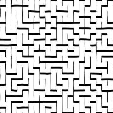 SEAMLESS VECTOR PATTERN REPEAT maze puzzle game labyrinth. Hand drawn line surface design in simple style. basic fill background in black and white.