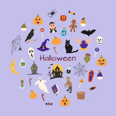 Halloween doodle vector set. Flat illustration