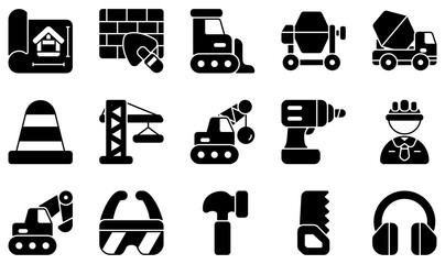 Set of Vector Icons Related to Construction. Contains such Icons as Blueprint, Brickwall, Bulldozer, Crane, Engineer, Excavator and more.