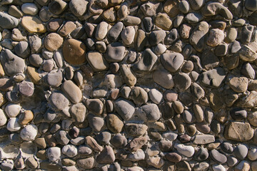 The wall is gray.Abstract background.The texture of a stone wall. A stone wall made of round cobblestones. Sunlight falls on the wall.