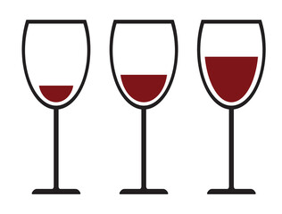 Glass of red wine. Simple vector symbol design. Filling three glasses.