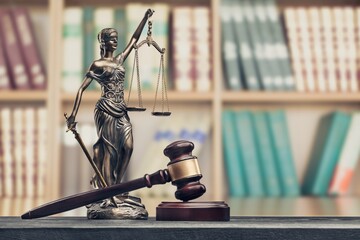 Legal office of lawyers, justice and law concept, scale of justice on a desk in a courtroom, - obrazy, fototapety, plakaty
